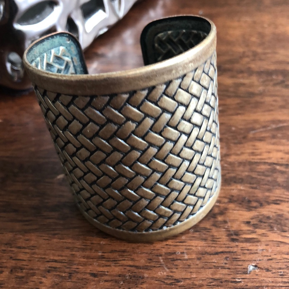 Unique Vintage Look Cuff Bracelet Antique Bronze Wide Basketweave Stacking Boho